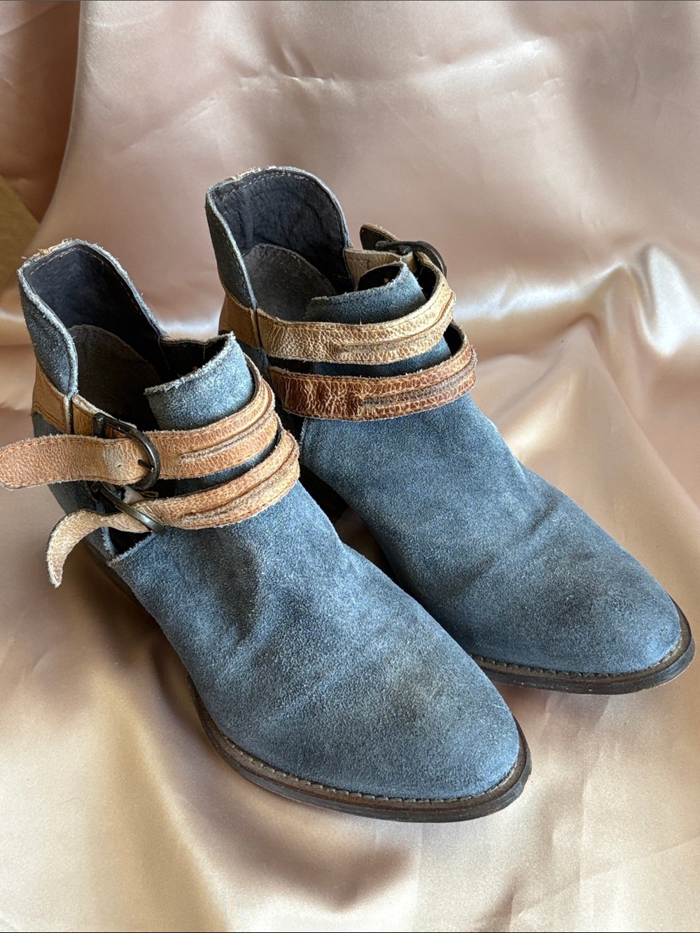 rebels Blue Suede Ankle Boots with Tan Strap Accents